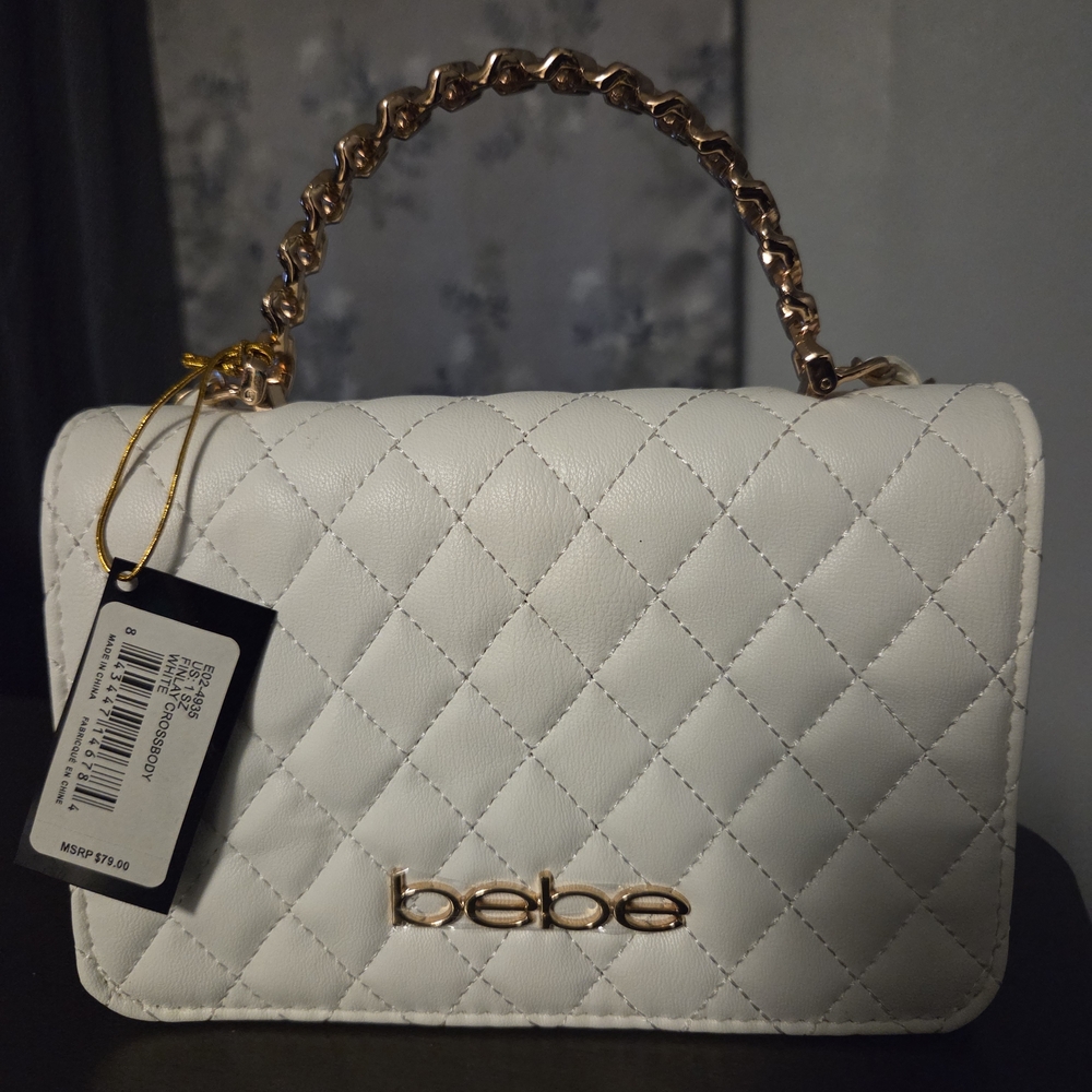 Bebe White Quilted Mini Bag with Gold Accents